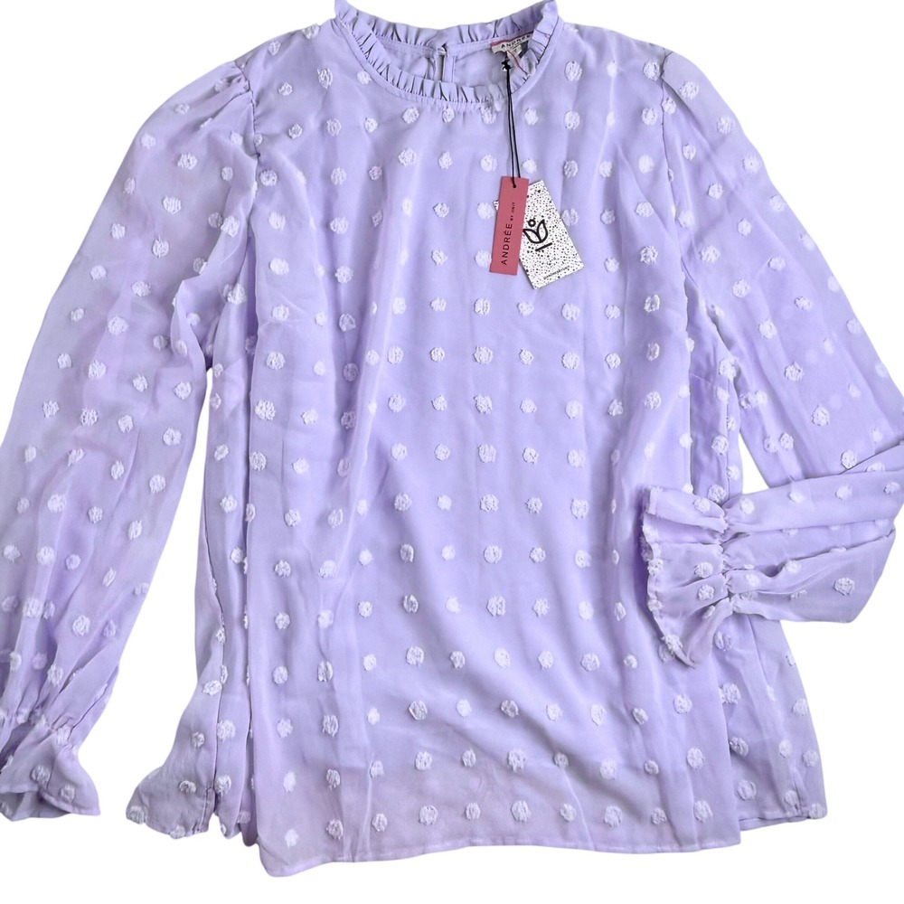 Andree by Unit Lavender Swiss Dot Ruffle Neck Blouse Plus Size 2X NEW